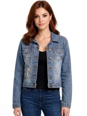 Angfu Authentic Original Blue Star Graphic Button Front Denim Jean Jacket Size L